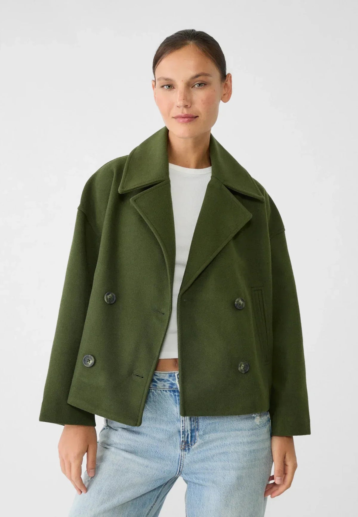 Blazer corto da donna in verde oliva – doppiopetto sartoriale