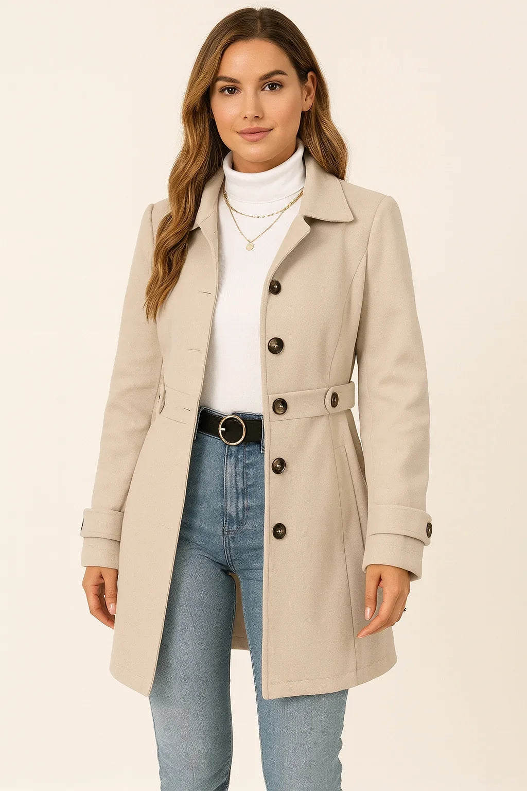 Cappotto autunnale da donna in beige chiaro – con cintura e revers