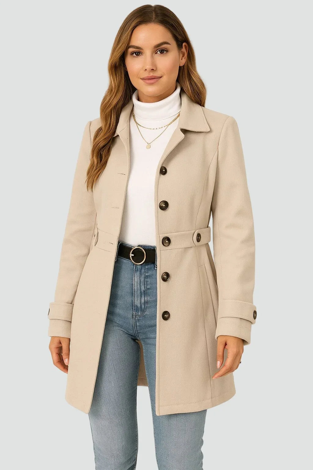 Cappotto autunnale da donna con cintura e revers – foto 2