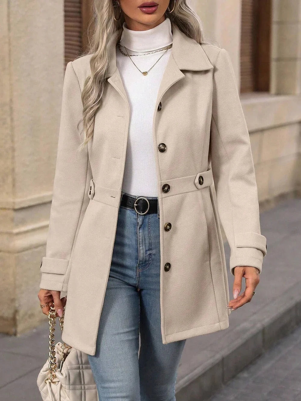 Cappotto autunnale da donna con cintura e revers – foto 5