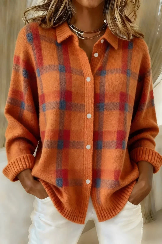 Cardigan lungo da donna in arancione – a quadri con colletto