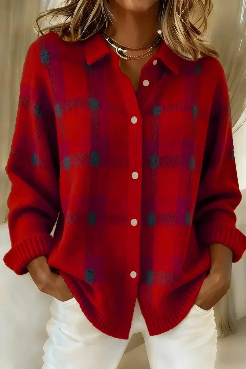Cardigan lungo da donna in rosso – a quadri con colletto