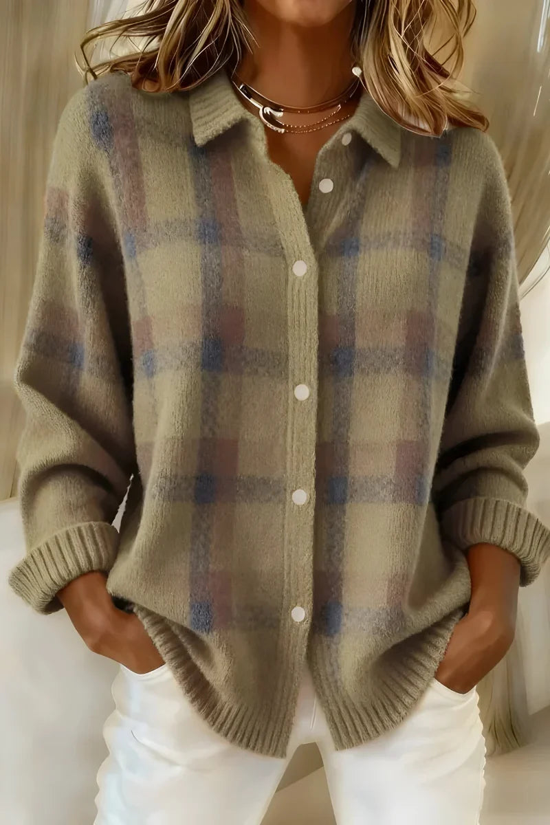 Cardigan lungo da donna in tortora – a quadri con colletto