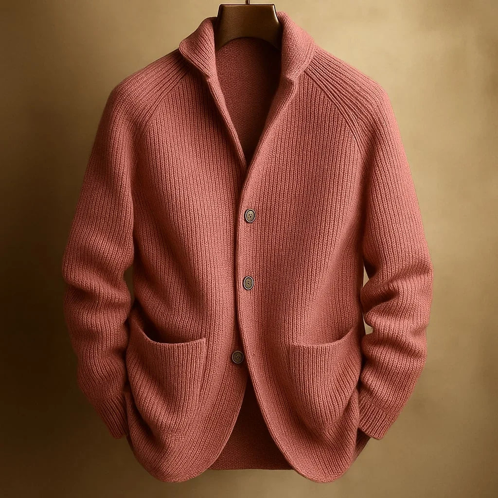 Cardigan da uomo a coste in terracotta – con collo a scialle e tasche