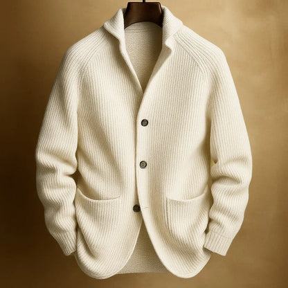 Cardigan da uomo a coste in panna – con collo a scialle e tasche