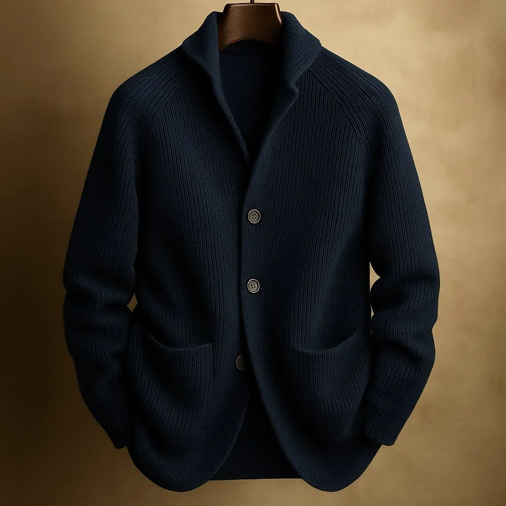 Cardigan da uomo a coste in blu scuro – con collo a scialle e tasche