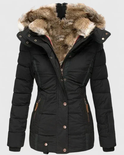 Giacca invernale imbottita da donna in nero – con cappuccio effetto pelliccia