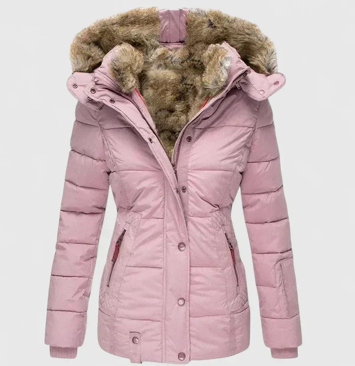 Giacca invernale imbottita da donna in rosa – con cappuccio effetto pelliccia