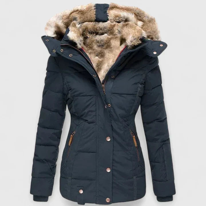 Giacca invernale imbottita da donna in blu scuro – con cappuccio effetto pelliccia