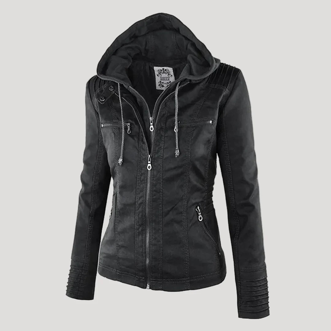 Giacca in similpelle da donna in nero – con cappuccio removibile