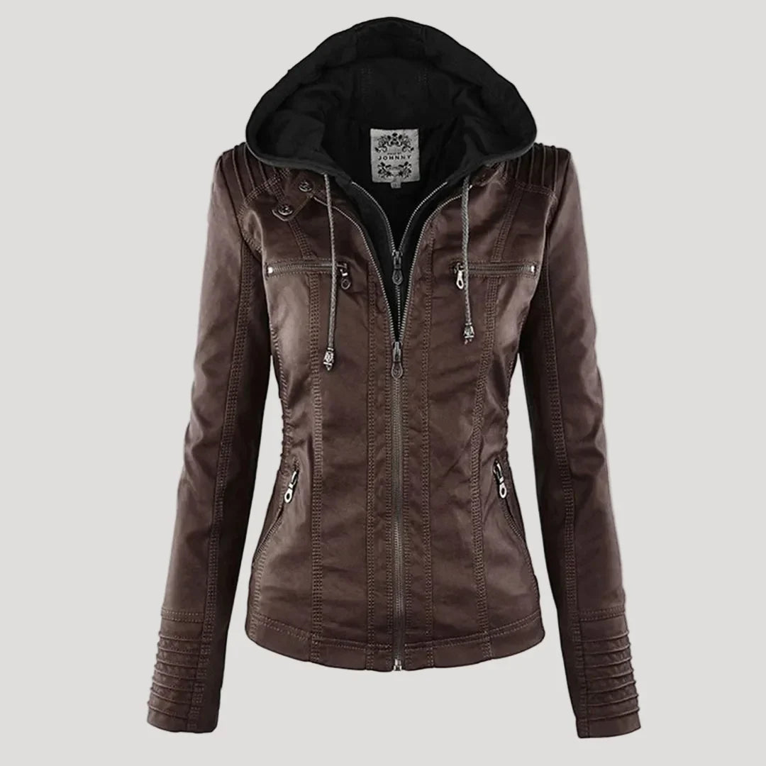 Giacca in similpelle da donna in marrone – con cappuccio removibile