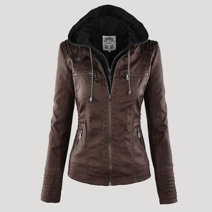 Giacca in similpelle da donna in marrone – con cappuccio removibile