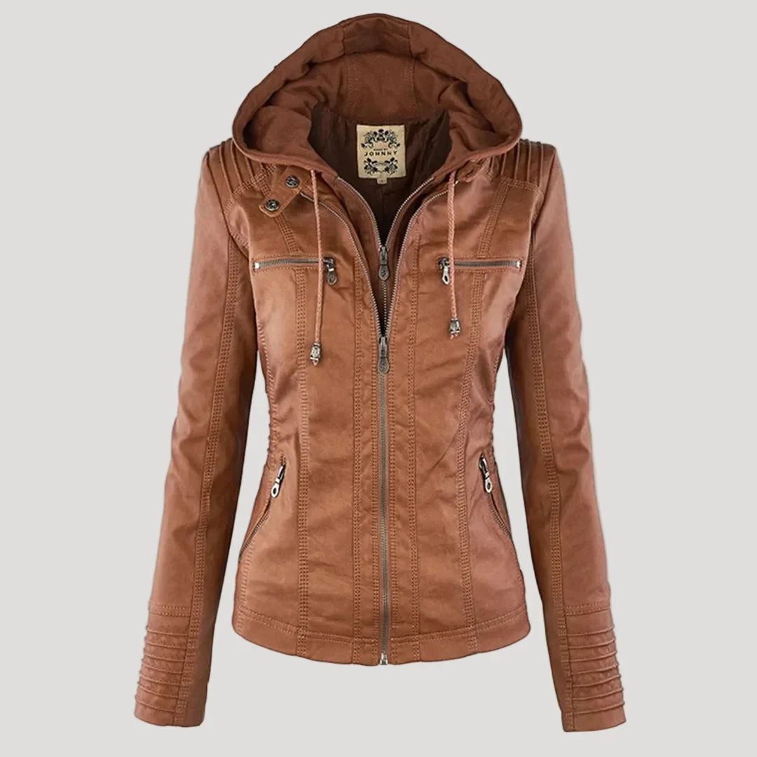 Giacca in similpelle da donna in cammello – con cappuccio removibile