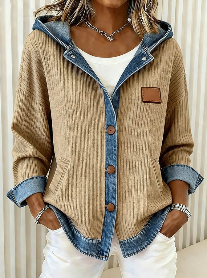 Giacca vintage da donna in cammello – in maglia con cappuccio