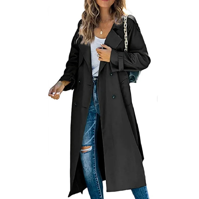 Trench lungo da donna in nero – doppiopetto con cintura