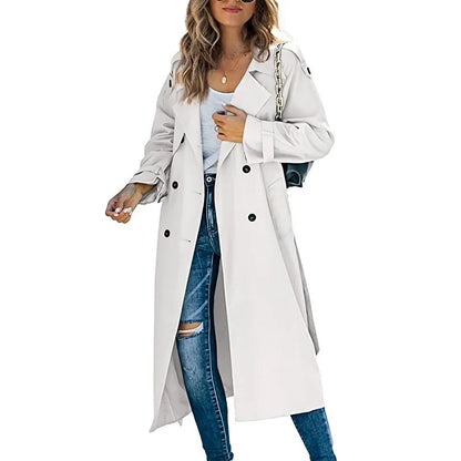 Trench lungo da donna in bianco – doppiopetto con cintura