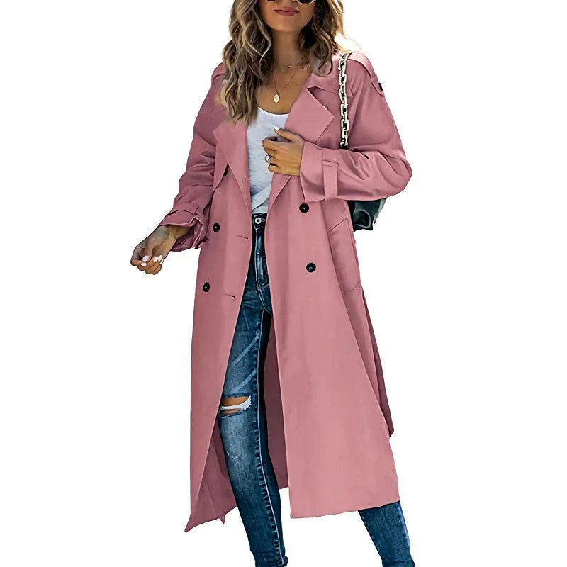 Trench lungo da donna in rosa antico – doppiopetto con cintura