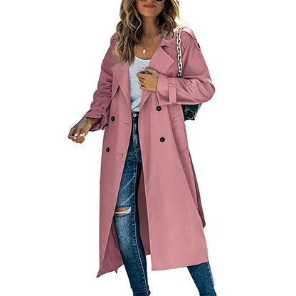 Trench lungo da donna in rosa antico – doppiopetto con cintura