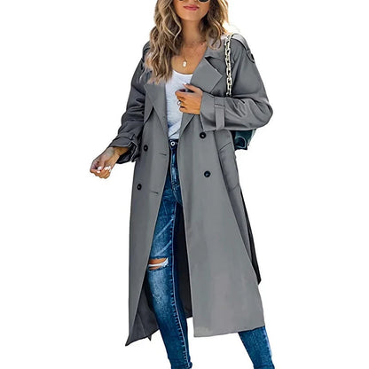 Trench lungo da donna in grigio – doppiopetto con cintura